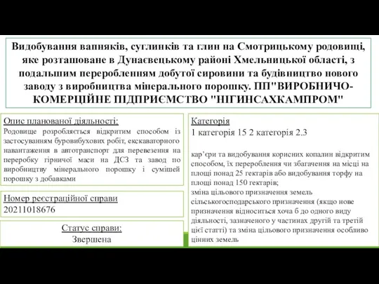 Видобування вапняків, суглинків та глин на Смотрицькому родовищі, яке розташоване