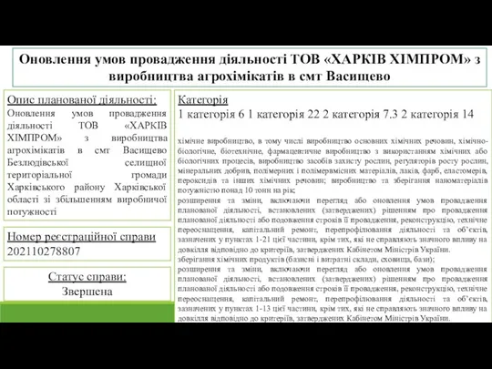 Оновлення умов провадження діяльності ТОВ «ХАРКІВ ХІМПРОМ» з виробництва агрохімікатів