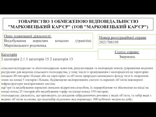 ТОВАРИСТВО З ОБМЕЖЕНОЮ ВІДПОВІДАЛЬНІСТЮ "МАРКОВЕЦЬКИЙ КАР'ЄР" (ТОВ "МАРКОВЕЦЬКИЙ КАР'ЄР") Номер