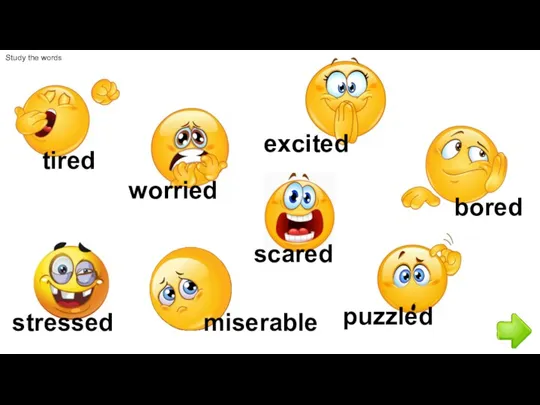 Study the words tired worried scared excited miserable stressed puzzled bored