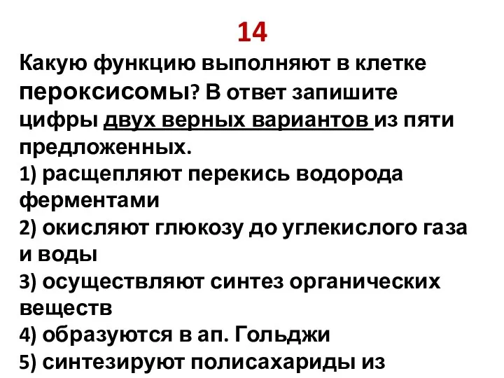 14 Какую функцию выполняют в клетке пероксисомы? В ответ запишите