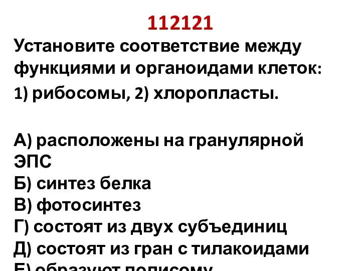 112121 Установите соответствие между функциями и органоидами клеток: 1) рибосомы,