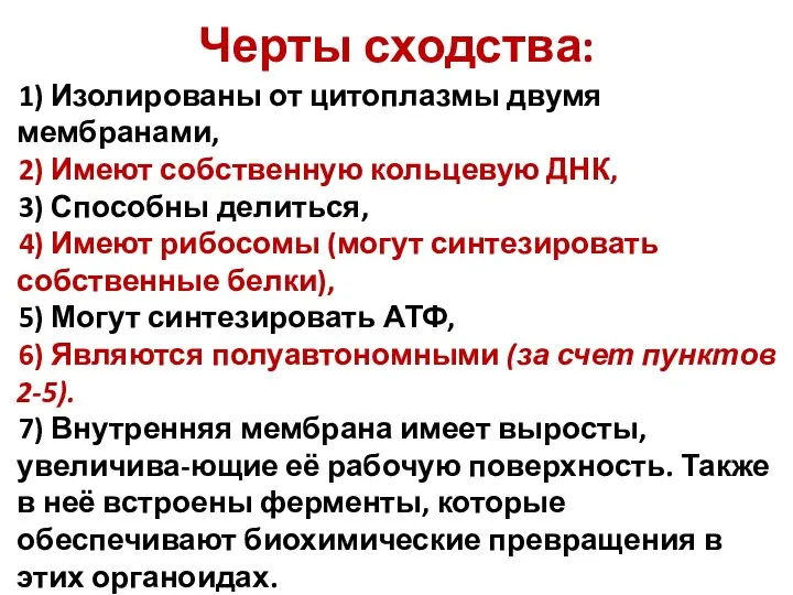 Черты сходства: 1) Изолированы от цитоплазмы двумя мембранами, 2) Имеют