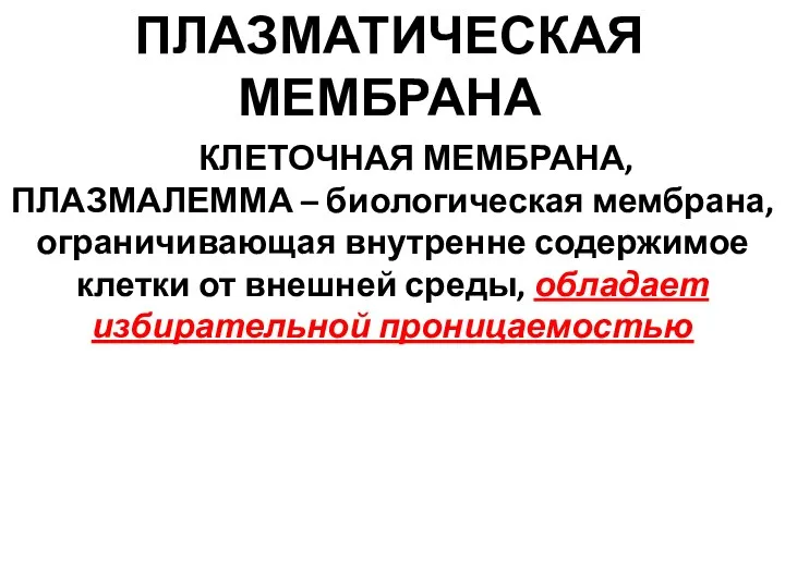 КЛЕТОЧНАЯ МЕМБРАНА, ПЛАЗМАЛЕММА – биологическая мембрана, ограничивающая внутренне содержимое клетки