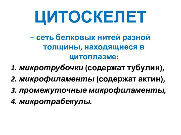 ЦИТОСКЕЛЕТ – сеть белковых нитей разной толщины, находящиеся в цитоплазме: