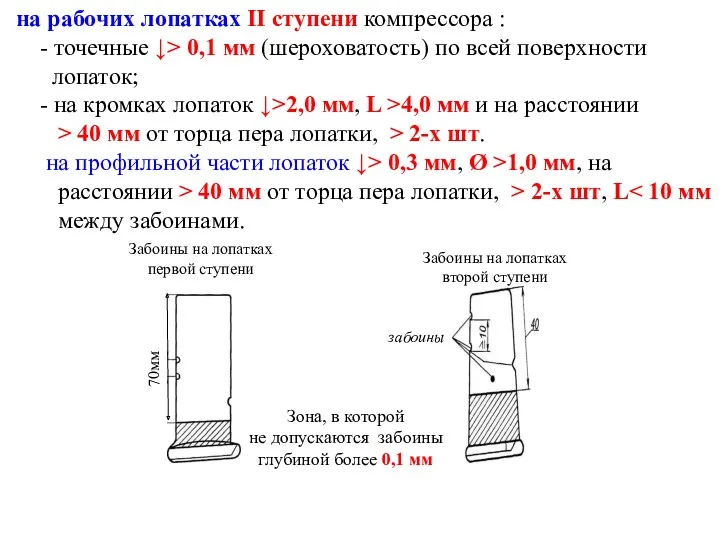 на рабочих лопатках II ступени компрессора : - точечные ↓˃