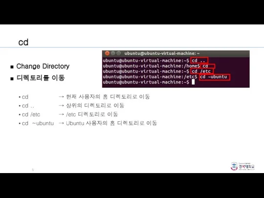 Change Directory 디렉토리를 이동 cd cd cd .. cd /etc cd ~ubuntu →