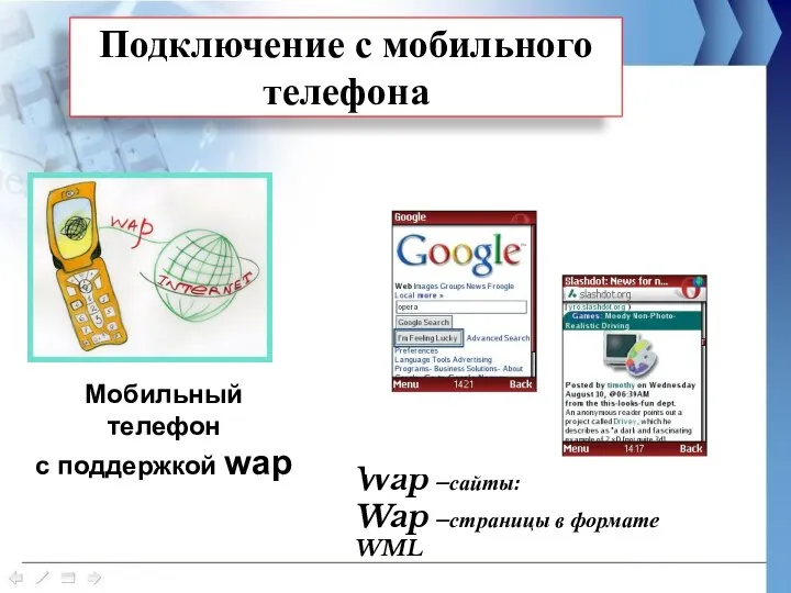 Подключение с мобильного телефона Мобильный телефон с поддержкой wap Wap –сайты: Wap –страницы в формате WML