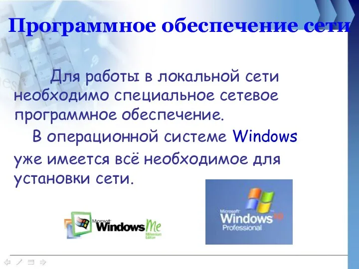 Программное обеспечение сети Для работы в локальной сети необходимо специальное