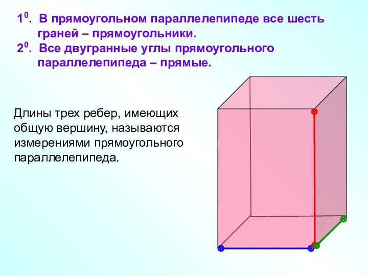 10. В прямоугольном параллелепипеде все шесть граней – прямоугольники. 20.