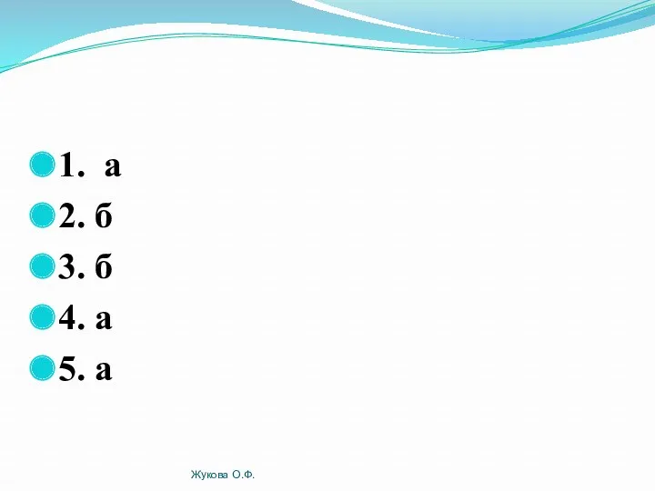 1. а 2. б 3. б 4. а 5. а Жукова О.Ф.