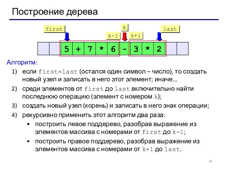 Построение дерева Алгоритм: если first=last (остался один символ – число),