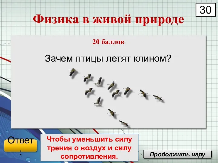 Зачем птицы летят клином? Физика в живой природе Продолжить игру