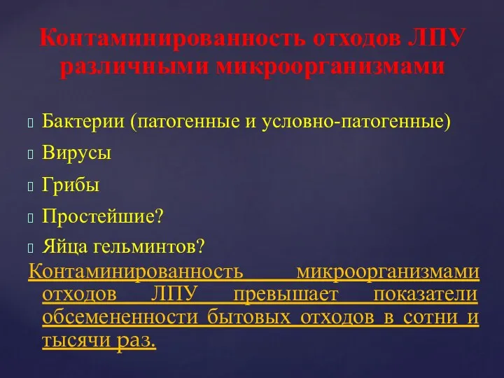 Бактерии (патогенные и условно-патогенные) Вирусы Грибы Простейшие? Яйца гельминтов? Контаминированность