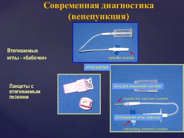 Втягиваемые иглы - «бабочки» Современная диагностика (венепункция) Ланцеты с втягиваемым