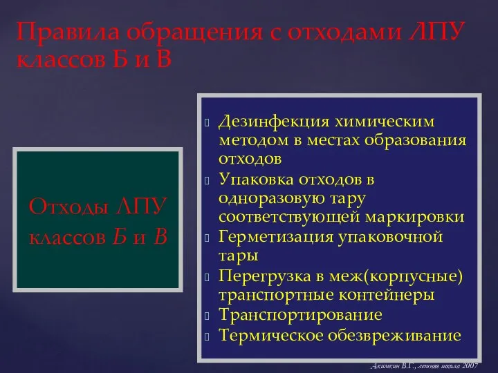 Правила обращения с отходами ЛПУ классов Б и В Дезинфекция