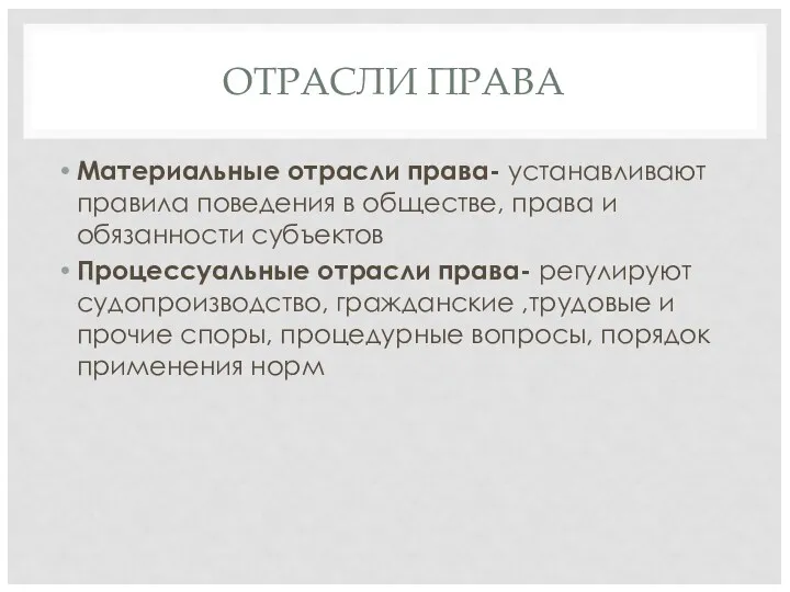 ОТРАСЛИ ПРАВА Материальные отрасли права- устанавливают правила поведения в обществе,