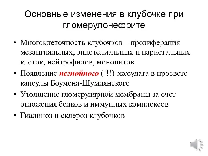 Основные изменения в клубочке при гломерулонефрите Многоклеточность клубочков – пролиферация