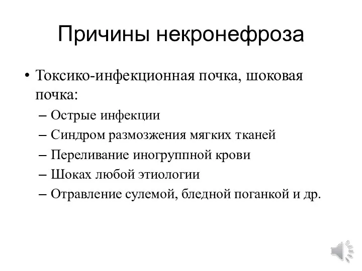 Причины некронефроза Токсико-инфекционная почка, шоковая почка: Острые инфекции Синдром размозжения