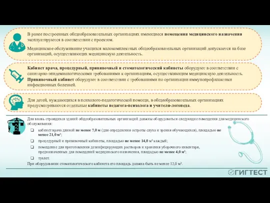 В ранее построенных общеобразовательных организациях имеющиеся помещения медицинского назначения эксплуатируются