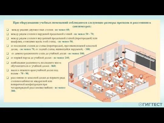 При оборудовании учебных помещений соблюдаются следующие размеры проходов и расстояния