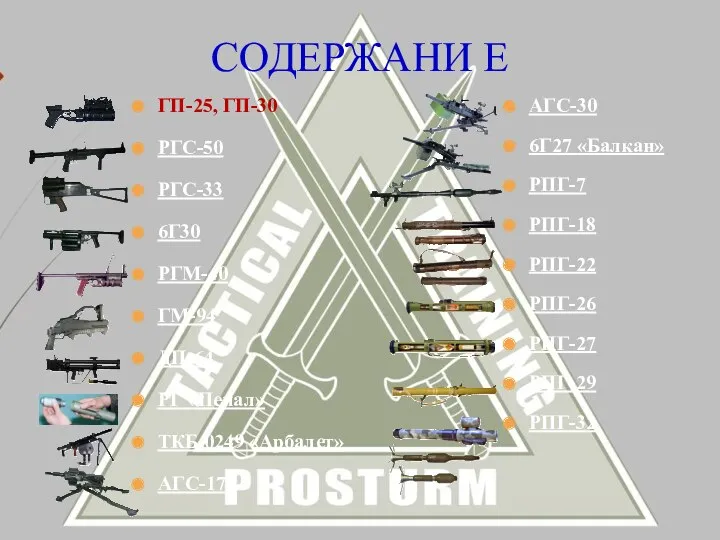 ГП-25, ГП-30 РГС-50 РГС-33 6Г30 РГМ-40 ГМ-94 ДП-64 РГ «Пенал»