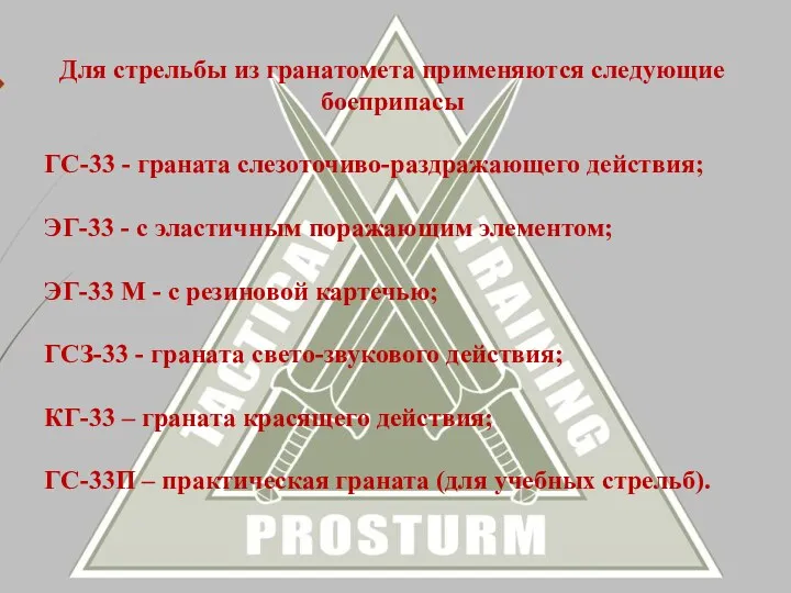 Для стрельбы из гранатомета применяются следующие боеприпасы ГС-33 - граната