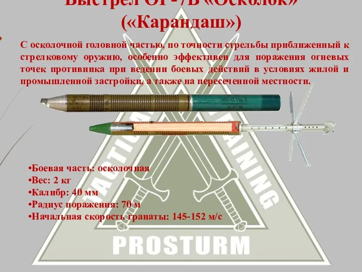 Выстрел ОГ-7В «Осколок» («Карандаш») С осколочной головной частью, по точности