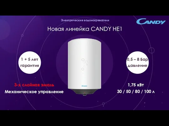 Электрические водонагреватели Новая линейка CANDY HE1 3-х слойная эмаль Механическое