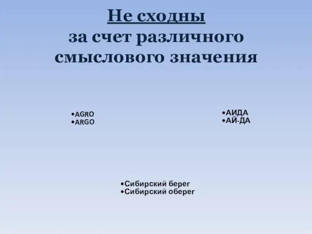 Не сходны за счет различного смыслового значения AGRO ARGO АИДА АЙ-ДА Сибирский берег Сибирский оберег
