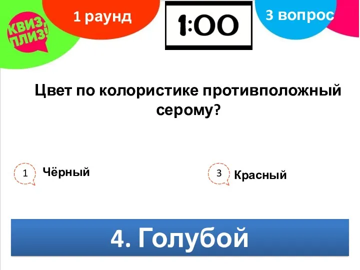 Цвет по колористике противположный серому? 1 раунд 3 вопрос Чёрный Жёлтый Красный Голубой 4. Голубой