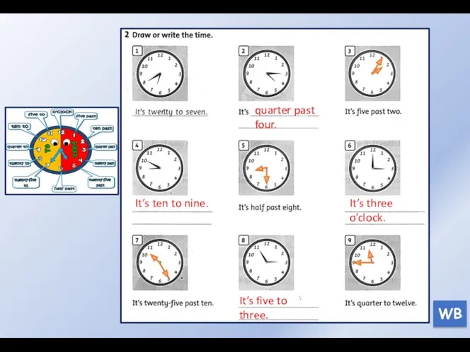 WB quarter past four. It’s ten to nine. It’s three o’clock. It’s five to three.