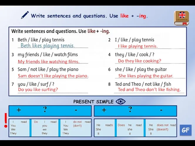 Write sentences and questions. Use like + -ing. GF My