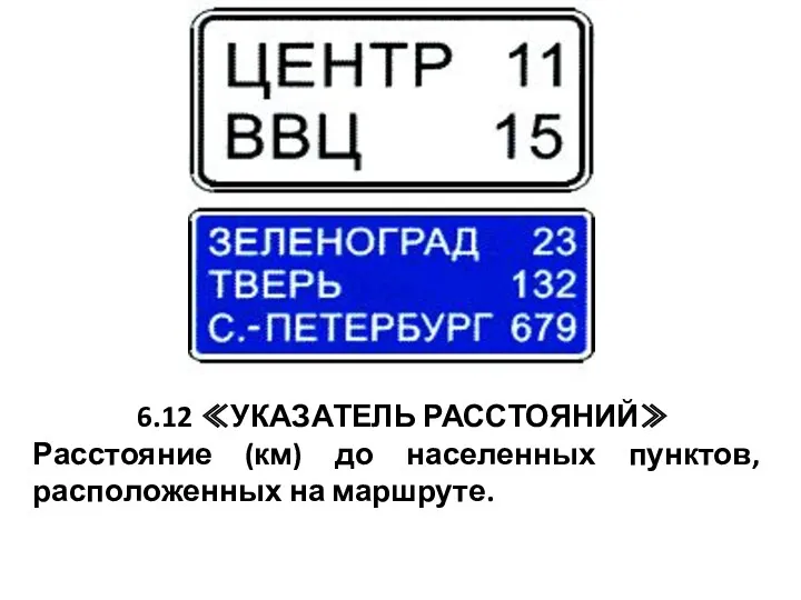 6.12 ≪УКАЗАТЕЛЬ РАССТОЯНИЙ≫ Расстояние (км) до населенных пунктов, расположенных на маршруте.