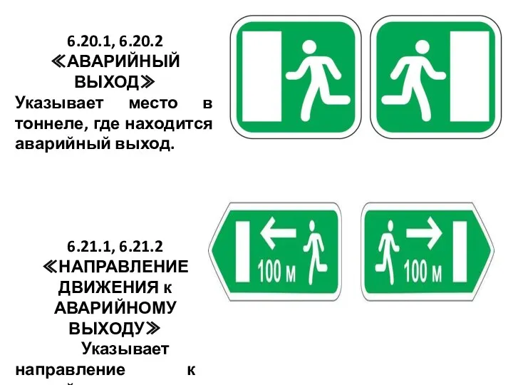 6.20.1, 6.20.2 ≪АВАРИЙНЫЙ ВЫХОД≫ Указывает место в тоннеле, где находится