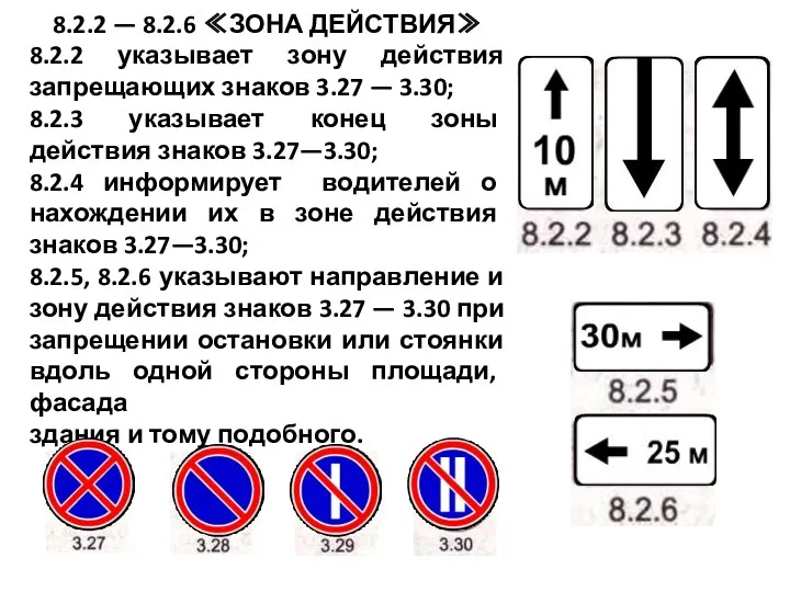 8.2.2 — 8.2.6 ≪ЗОНА ДЕЙСТВИЯ≫ 8.2.2 указывает зону действия запрещающих