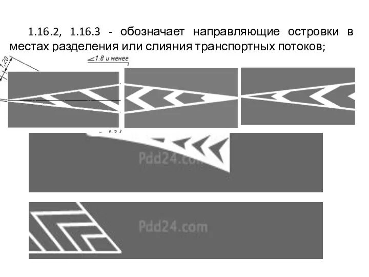 1.16.2, 1.16.3 - обозначает направляющие островки в местах разделения или слияния транспортных потоков;