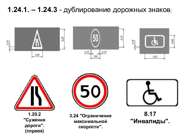 1.20.2 "Сужение дороги". (справа) 3.24 "Ограничение максимальной скорости". 8.17 "Инвалиды".