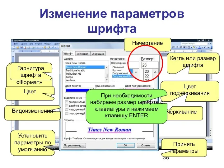 Изменение параметров шрифта «Шрифт» в меню «Формат» Гарнитура шрифта Начертание