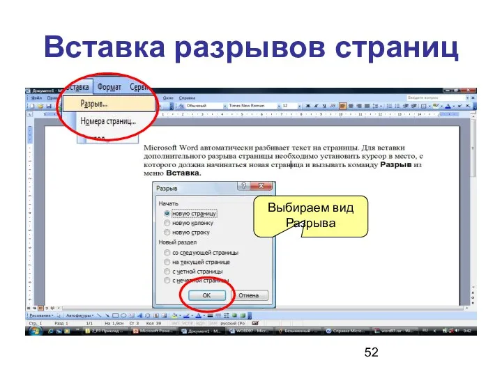 Вставка разрывов страниц Выбираем вид Разрыва