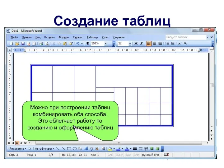 Создание таблиц Есть два способа создания таблицы: Меню «Таблица» -