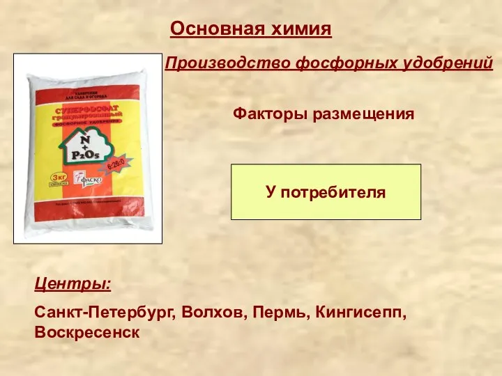 Основная химия Производство фосфорных удобрений Факторы размещения У потребителя Центры: Санкт-Петербург, Волхов, Пермь, Кингисепп, Воскресенск