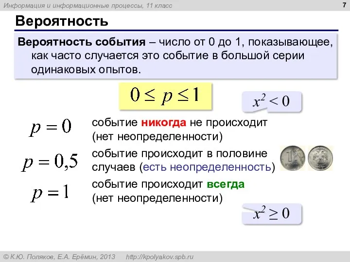 Вероятность Вероятность события – число от 0 до 1, показывающее,