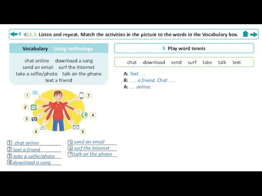 2.3. Listen and repeat. Match the activities in the picture