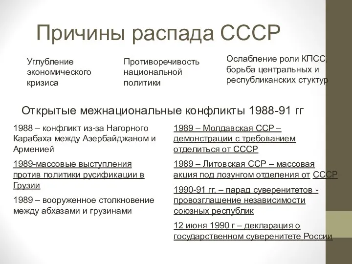 Причины распада СССР Углубление экономического кризиса Противоречивость национальной политики Ослабление