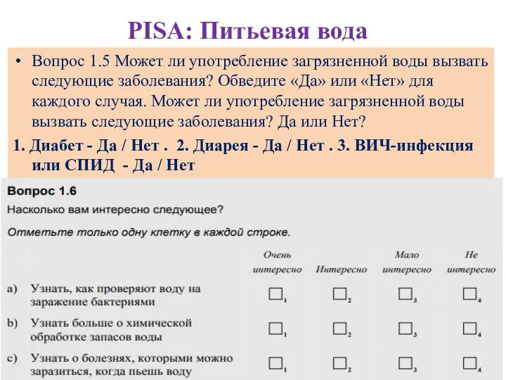 PISA: Питьевая вода Вопрос 1.5 Может ли употребление загрязненной воды