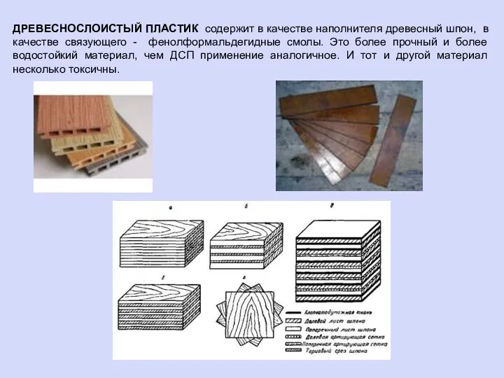 ДРЕВЕСНОСЛОИСТЫЙ ПЛАСТИК содержит в качестве наполнителя древесный шпон, в качестве связующего - фенолформальдегидные