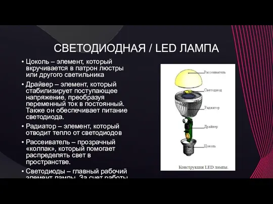 СВЕТОДИОДНАЯ / LED ЛАМПА Цоколь – элемент, который вкручивается в патрон люстры или