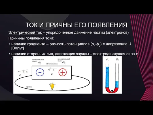 ТОК И ПРИЧНЫ ЕГО ПОЯВЛЕНИЯ Электрический ток – упорядоченное движение частиц (электронов) Причины