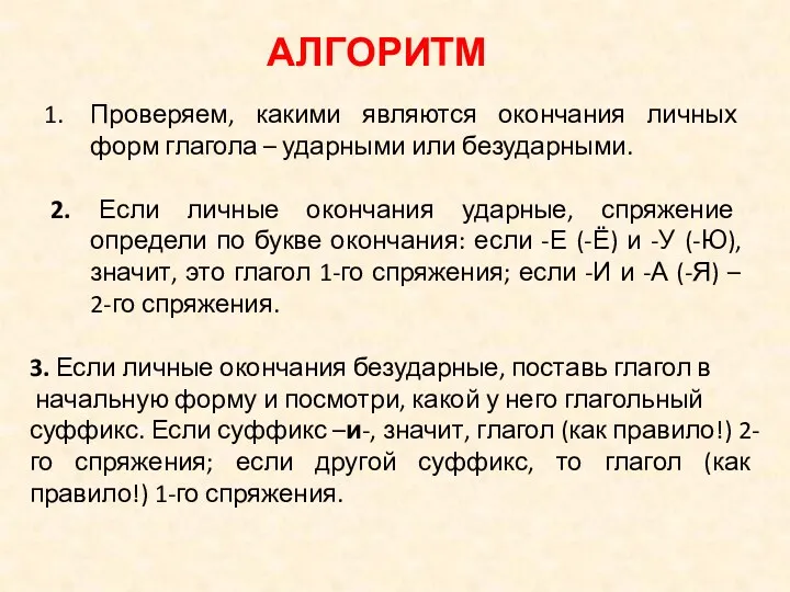 АЛГОРИТМ Проверяем, какими являются окончания личных форм глагола – ударными